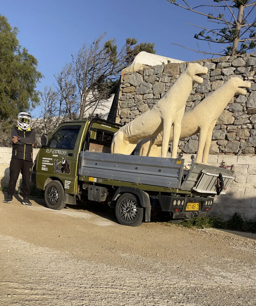PLP Express pickup truck carrying a statue in Mykonos